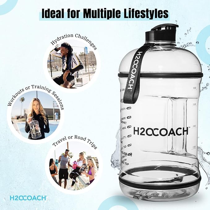 H2OCOACH 1 Gallon Hydration Jug with Time Marker & Measurements, BPA-Free Tritan Sports Drink Container, Motivational Daily Intake Tracker for Gym, Workout, & Fitness Routines (128 oz)