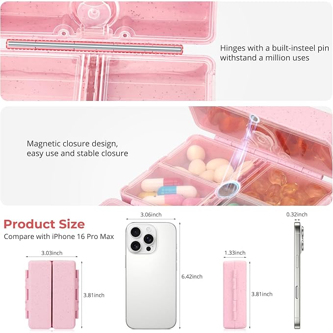 Zentiky Small Daily Pill Organizer with Labels, Medicine Pill Organizer Fit with Your Purse or Pocket for Travel to Hold Vitamin, Fish Oil, Supplement,Cotton Swabs, Bandages or Jewelry-Pink