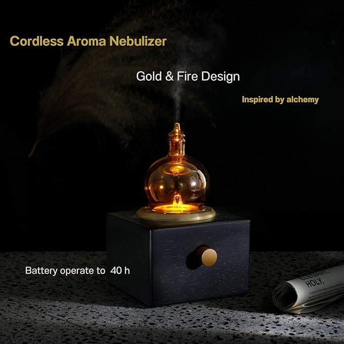Cordless Aroma Oil Nebulizer - Waterless Diffuser for Essential Oil with Glass & Wood, Rechargeable Portable Nebulizing Machine, Battery Operated up to 40h - Gold & Fire Original Design