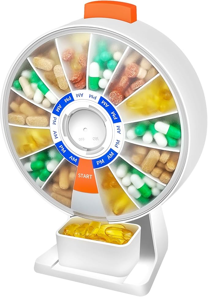 Cruxer Large Pill Organizer 7 Day 2 Times a Day & 14 Day Pill Dispenser, Arthritis Friendly Push-Button Design with Labels, Wall-Mounted & Standing Use, Weekly Pill Box for Vitamins & Medications
