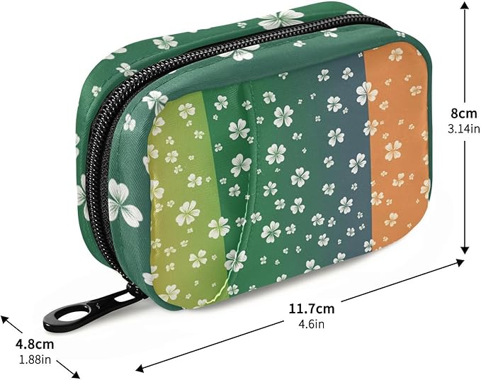 St. Patrick's Day Clovers Flag Green Travel Pill Organizer Case Box Container Weekly Portable Vitamin Medicine Holder Storage Bag with Zipper Removable