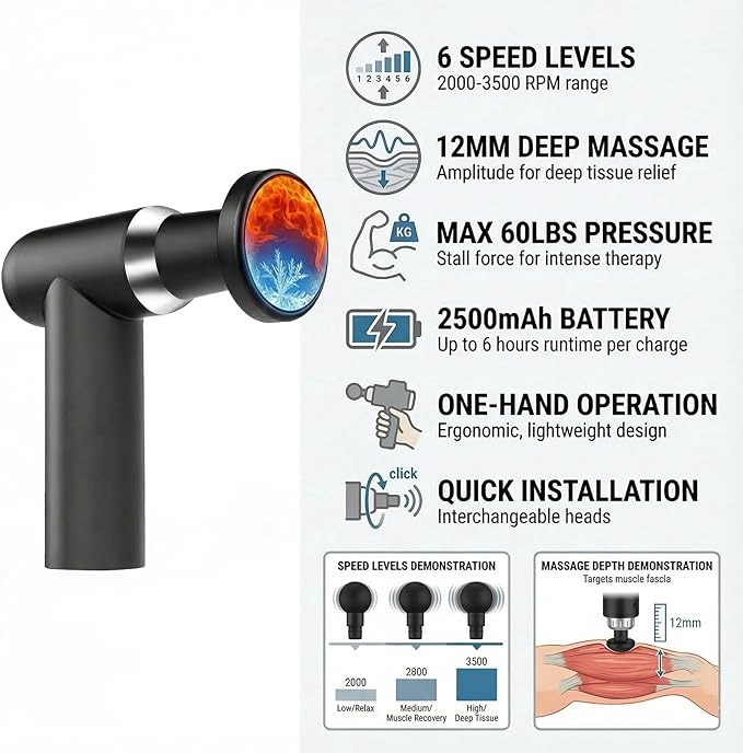 Hot and Cold Massage Gun - Detachable Extended Handle Massage Gun,Deep Tissue Massage Gun, Used for Relieving Pain in The Back/Muscles of The Neck/Body, with 6 Massage Heads, LCD Display