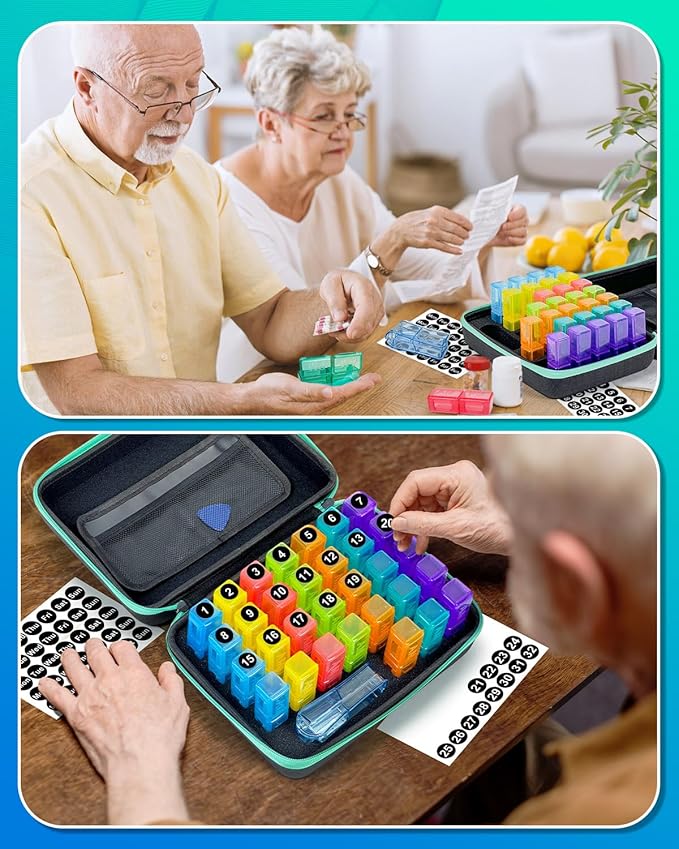 Monthly Pill Organizer 2 Times a Day, with Portable Hard Shell, Pill Cutter, 31-Day Box, Plastic Opening Pick, Monthly & Weekly Stickers, Convenient Medication Management (Black, 2 Times a Day)