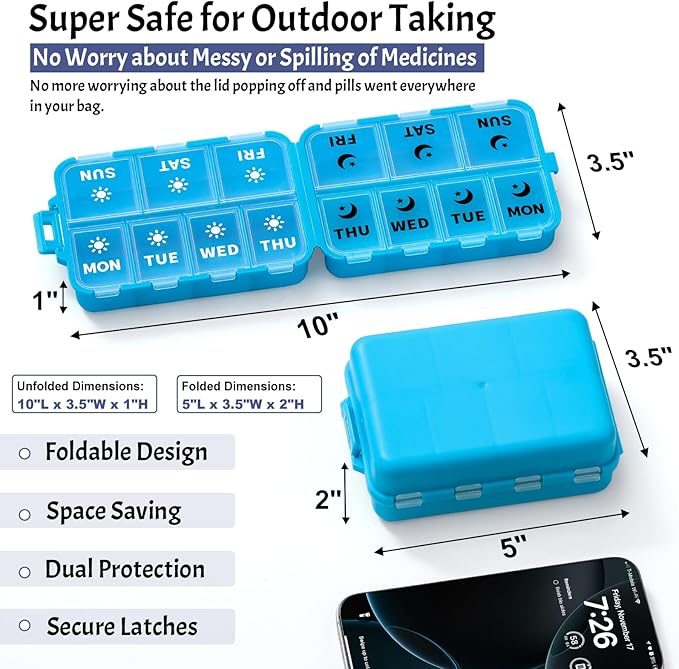 Foldable & Portable Weekly Pill Organizer 2 Times a Day with Clear Printed Labels - 7 Day AM PM Medicine Box, Week Daily Travel Pill Meds Case Holder for Medications, Vitamin, Supplement - Blue