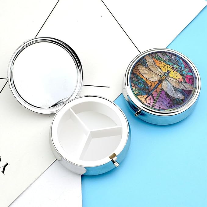 Transparent 3-Compartment Medicine Pill Case, Portable Round Pill Box for Pocket or Purse, Decorative Metal Medicine Vitamin Organizer. (Dragonfly)