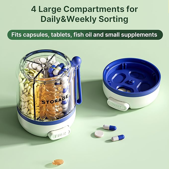 Pill Bottle Organizer Small Press-Type Daily Pill Case Box for Travel 4 Large Anti-Mix Compartments, BPA-Free Pill Container, Detachable Silicone Handle Blue