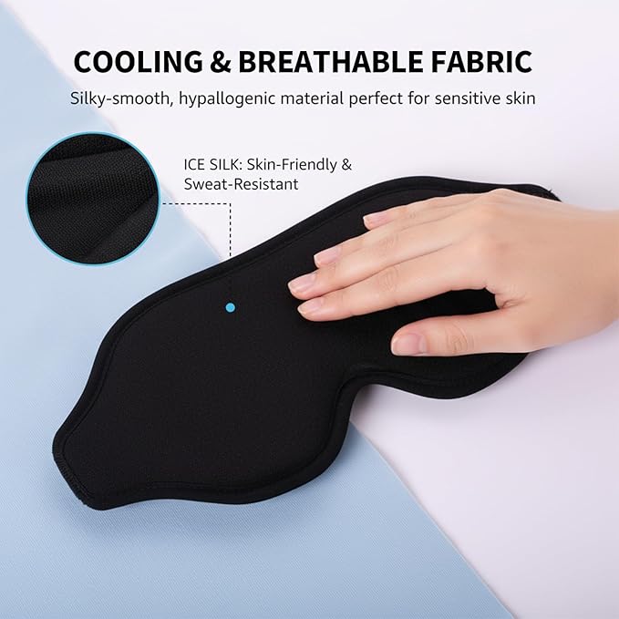 3D Sleep Mask with Hot Cold Gel Layer, Memory Foam Blackout Eye Mask, Zero Pressure Cups for Lashes, Adjustable Strap, Black