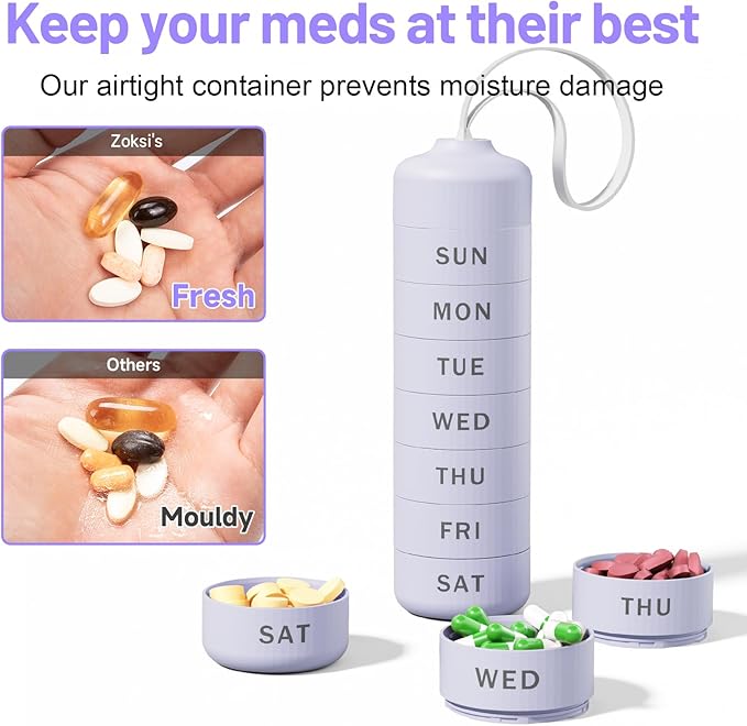 7 Day Pill Organizer, Travel Pill Box with Effortless Opening Design, Zoksi Weekly BPA Free Medicine Organizer with Large Container, Portable Waterproof Case for Vitamin, Fish Oil, Supplement