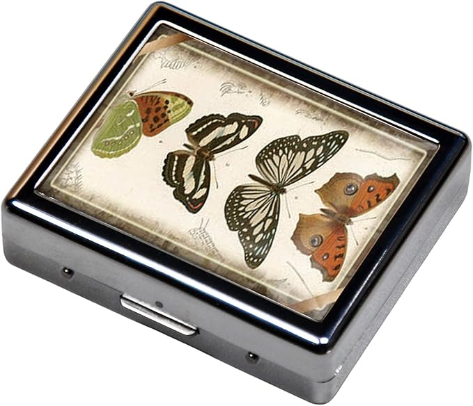 Silver Vintage Pill Box 7 Day Metal Pill Box with Mirror and 8 Compartments Cute Travel Pill Organizer for Purse (A Group of Butterflies)