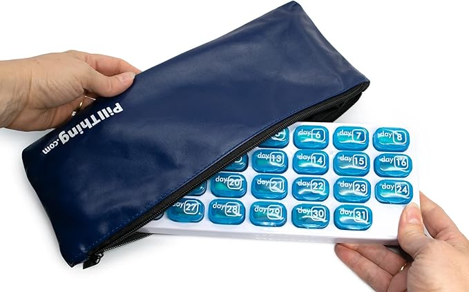 Pill Pod Organizer with Zippered Travel Case 31 Day Monthly Pill Organizer Pods - Keep a Months Supply of medications, Vitamins & Supplements Ready to go in The Travel Case (Blue Organizer with Case)