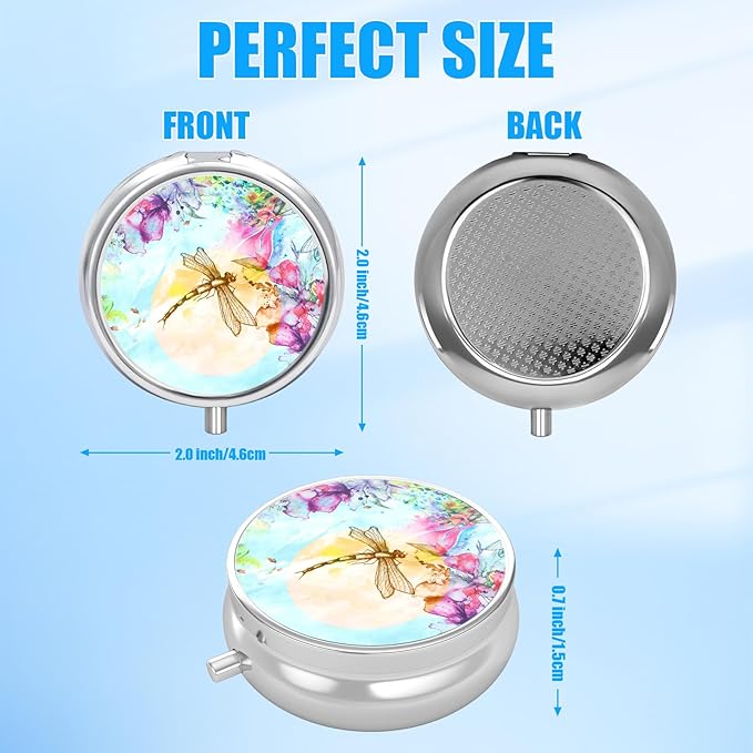 Watercolor Dragonfly Pill Case, Pill Box 3 Compartments Metal Small Pill Holder with Mirror Mini Travel Pill Container for Purse Pocket Women Men