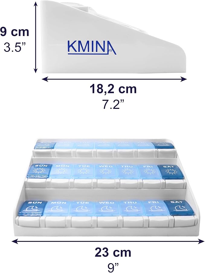 KMINA Extra Large Pill Organizer 3 Times a Day, Weekly Medicine, 7 Day Pills Box Case with Push Button for Big Vitamin Supplements, Patented, Made in Europe