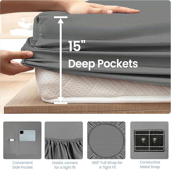 Grounding Sheets King Size - 90% Organic Cotton + 10% Pure Silver Fitted Bed Sheet for Earthing - 400 Thread Count Deep Pocket Grounded Bedsheets - Improved Sleep Down to Earth Ground Bedding