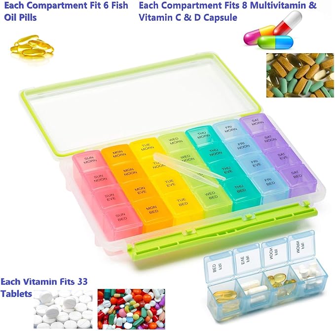 Pill Organizer Weekly AM/PM Pill Box -Moisture Proof Medicine Organizer 7 Day Portable Travel Medication Container 4 Times a Day with Large Compartments for Vitamins Supplements