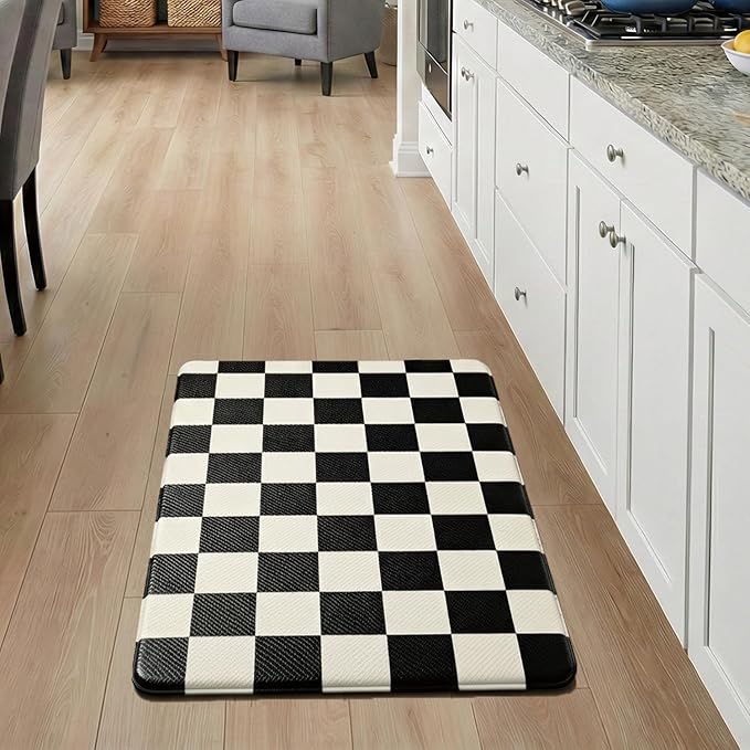 Beige Black Checkered Grid Checkerboard Kitchen Rug Sets [2 PCs], Anti-Fatigue, Waterproof Non-Slip Kitchen Mats Heavy Duty Comfort Foam Rug for Kitchen, Floor, Laundry,17"x29"