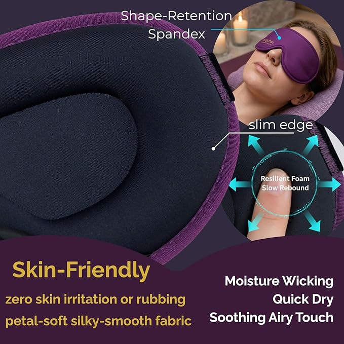 Meditation Eye Mask - 100% Blackout Sleep Masks for Women, Zero Eye Pressure - Nose Seal Eye Cover for Yoga Nidra, Naps & Travel, Adjustable Night Blindfold - Deep Lavender Purple
