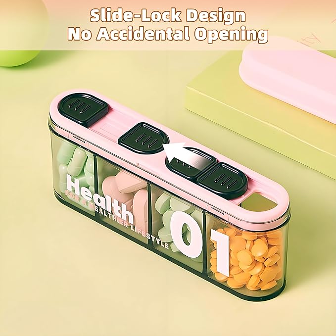 Portable Pill Dispenser with 4 Compartments, Travel Pill Bottle Organizer with Strong Seal，Anti-Mix Supplement Organizer，Pill Box Case with BPA-Free，Pill Container with Wide Opening Design