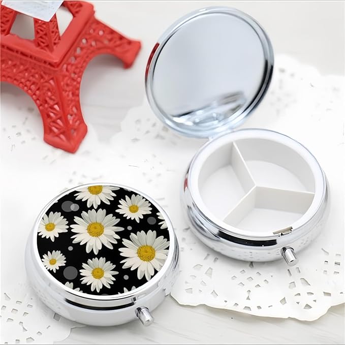 Pill Box 3 Compartment Pocket Cute Small Pill Organizer Mini Metal Pill Holder Travel Portable for Man Woman Old People and Kids - Yellow Daisy