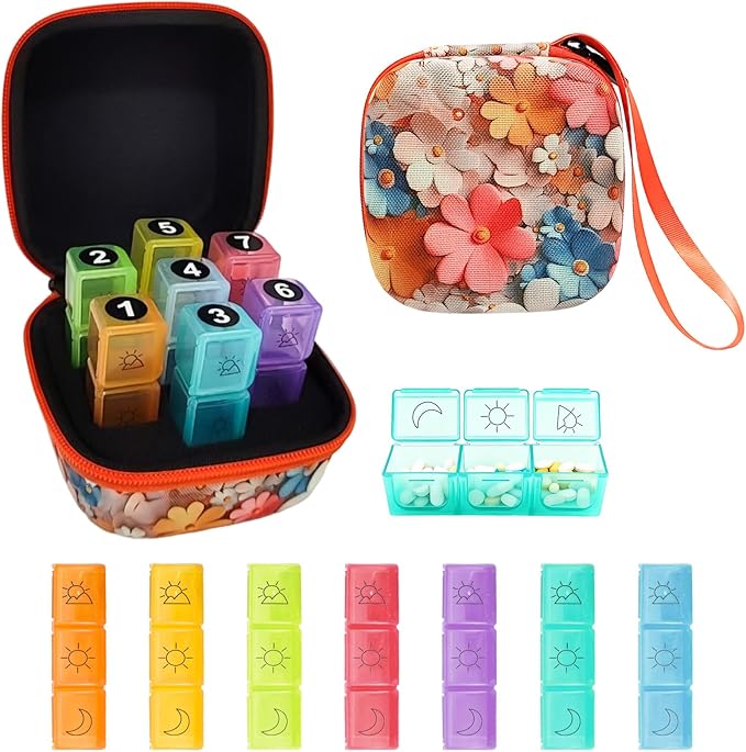Weekly Pill Organizer, 7-Day Medicine Box with Hard Shell Case, 3 Times Daily Dosage Schedule, Plastic Rectangular Design, Includes Pill Cutter and Weekly Stickers(Flowers)