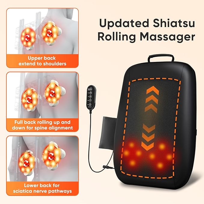 Shiatsu Back Massager with Heat, 4D Deep Tissue Massage for Pain Relief, Portable Rechargeable Electric Back Massager for Chair Home Office Car,Gift-Ready for Men Women