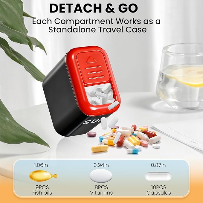 Weekly Pill Organizer with Taken/Untaken Tracker – Never Forget or Double-Dose Your Medication, Large Daily Compartments for Vitamins & Supplements, Vitamin, Black