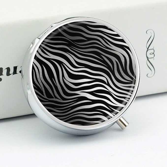 Zebra Print Pill Box Travel Pill Case for Purse Pocket Weekly Medicine Organizer with Mirror 3 Compartment Round Medicine Case Portable PillcaseHolder for Daily