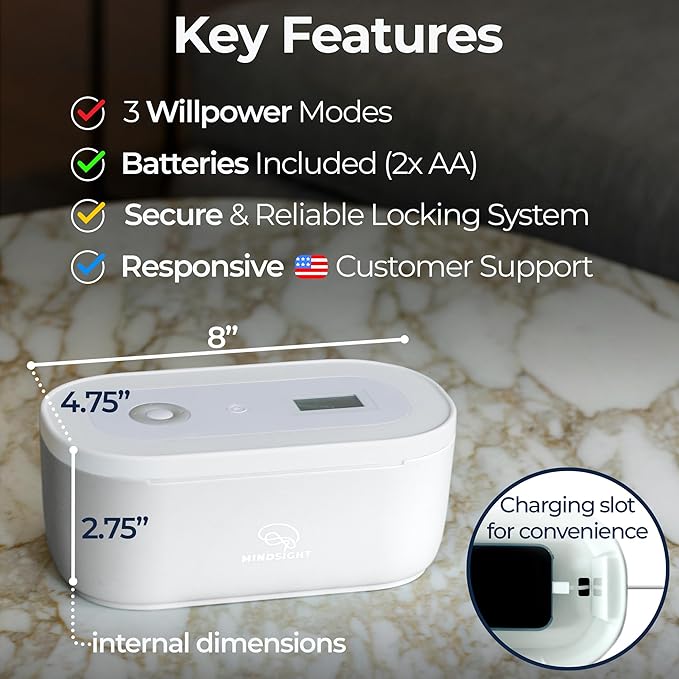Mindsight Timed Lock Box | Unplug from Phones, Video Games, Social Media, Snacks & Cravings | 3 Modes based on Willpower | Easy to Use | Out of Sight ~ Out of Mind | Boost Your Mental Wellness