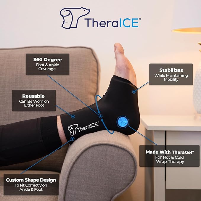 TheraICE Ankle Ice Pack Wrap for Swelling & Sprained Ankle Brace for Women & Men, Cold Therapy Support Compression Socks, Plantar Fasciitis & Achilles Tendonitis Relief, Sore Feet & Heel