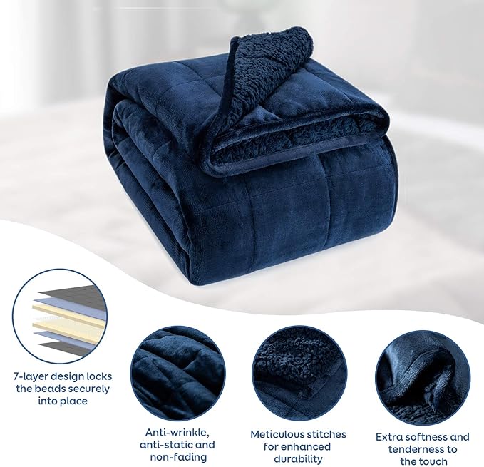 Cottonblue Weighted Blanket 20lbs 60x80 Inches, Navy Blue Sherpa Blanket Throw Sofa Bedding Heavy Blanket for Adults, Soft Cozy Fleece Blanket On Queen Bed, Plush Fleece Minky 20 lb Weighted Blanket