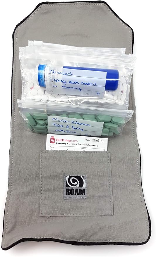 Wellness Travel Pack - The Pill Organizer Wallet, Fits All Size of Medications, Extra Small to Extra Large, Holds Pills, Drops, Sprays & Ointments, Secure Zip Bags, Customizable Write On Label (Grey)