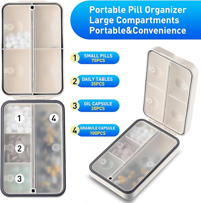 Travel Pill Organizer,Travel Pill Case,Moisture-Proof Pill Case,Portable Pill Box for Travel,Cute Pill Container,Medicine Pill Organizer for Vitamin,Fish Oils,Supplements