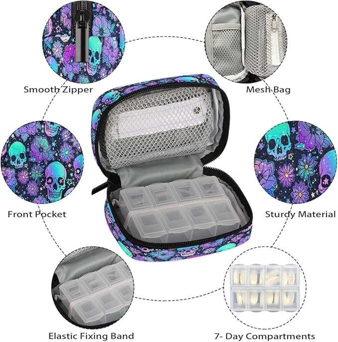 Skull Psychedelic Purple Pill Case Travel Pill Organizer Weekly 7 Day Portable with Zipper Medicine Box Pill Case for Vitamins, Birth Control,Fish Oils,Medication, Supplements