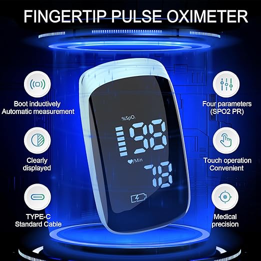 Fingertip Pulse Oximeter, Portable Rechargeable Oximeter Instant SpO2 & Accurate Heart Rate Reading for Adults, Includes Protective Silicone Cover (Blue)