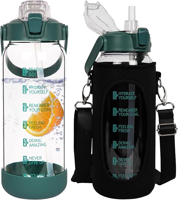 48 oz Glass Water Bottle with Straw and Time Marker, Large Motivational Borosilicate Glass Drinking Bottle with Silicone Boot and Sleeve