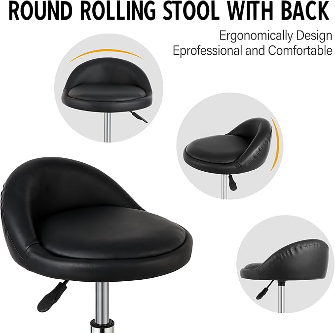 Hydraulic Rolling Stool with Back Support,300LB Capacity Black Adjustable Height Swivel Chair with PU Leather Seat and Lumbar Support,for Salon Spa Tattoo Massage Clinic Office