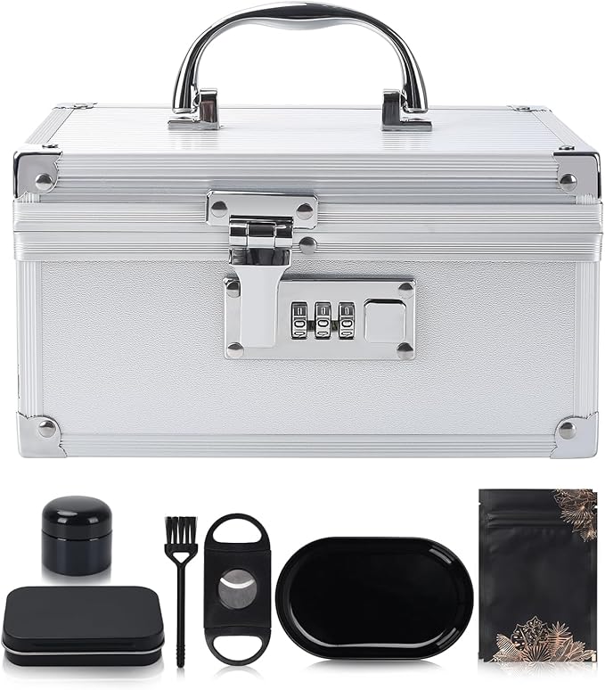 Travel Storage Safe Locking Box With 6 PCS Accessories, Durable Medicine Protect Case with Combination Lock for Home and Travel，Childproof Pill Box Organizer for Valuables, Silver