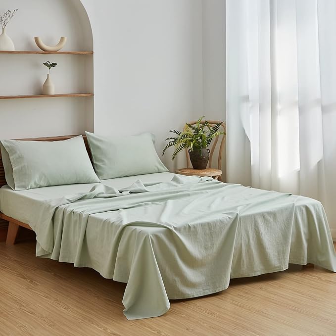 Simple&Opulence Belgian Linen Sheet Set Solid Color - 4 Pieces (1 Flat Sheet, 1 Fitted Sheet & 2 Pillowcases) Natural Flax Cotton Blend Soft Breathable Farmhouse Bedding - Full Size, Mint Green