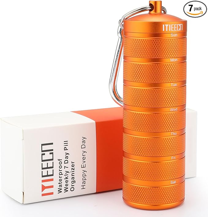 Weekly Metal Pill Organizer for Outdoor Travel, Aluminum, Waterproof, That is Shockproof and Has Large Compartments for Storing Vitamins, Fish Oil, Emergency Pills (Orange)