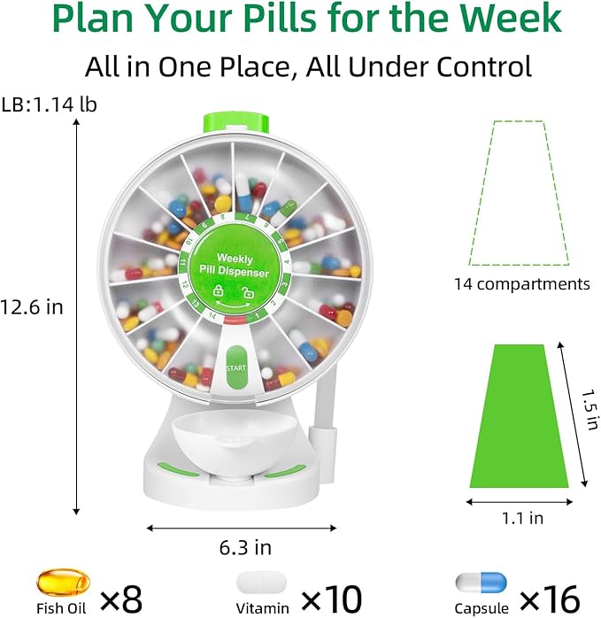 JULOS Daily Pill Organizer with One-Press Button for Elderly, Large 14 Compartment with Cup, Wall Mounted or Countertop Medicine Dispenser, Easy Pill Holder for Medicine, Vitamin or Supplements, Green