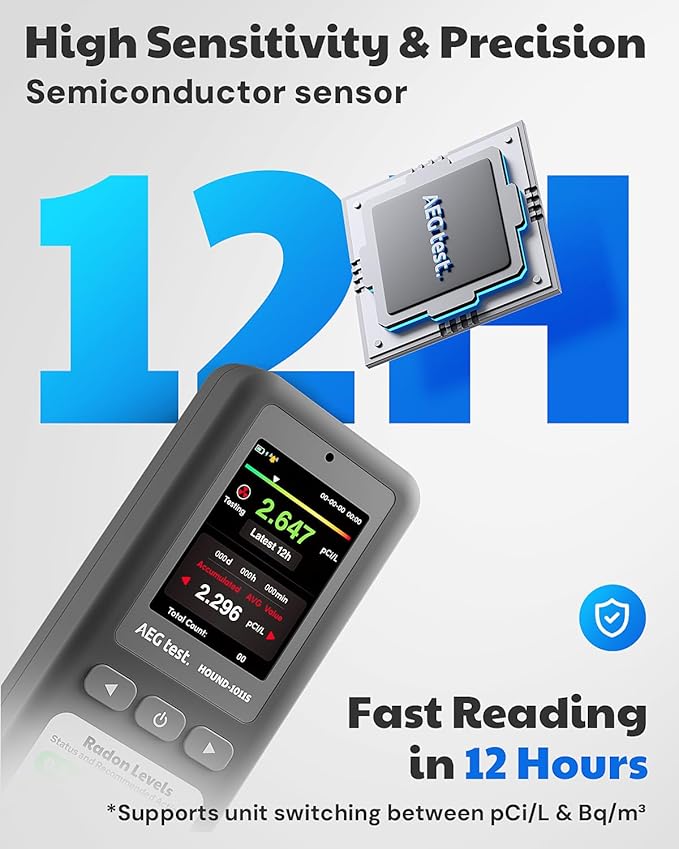 HOUND-1011S Portable Radon Detector, High-Accuracy Sensor for Home, Lightweight, Audible & Visual Alarms, Long-Term Monitoring, Easy-to-Use Radon Tester in pCi/L or Bq/m³ for Basement