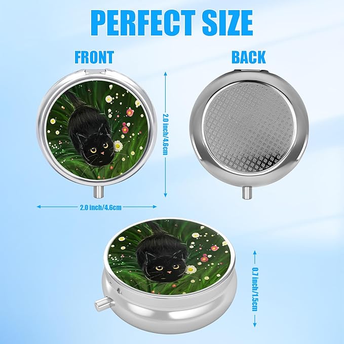 Blact Cat Flower Pill Case, Pill Box 3 Compartments Metal Small Pill Holder with Mirror Mini Travel Pill Container for Purse Pocket Women Men