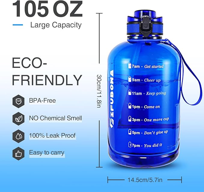 GIFUBOWA 3l Large Water Bottle with Straw and Time Marker 0.8 Gallon/105oz Sport Big Drinking Goals Huge Bottles 3 Litre with Handle Leakproof 3 liter Jug BPA Free for Fitness Gym Yoga and Outdoor