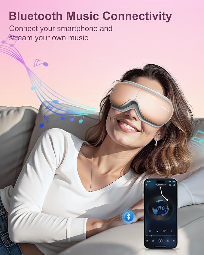 Morelax Eye Massager with Heat & Bluetooth Music, Relaxation Gift for Women, Help Alleviate Eye Strain, Promote Better Sleep, Comfortable and Soothing Eye Care Device (Pink)