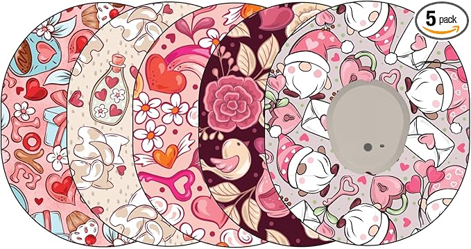 Glucomart Adhesive Patches for Dexcom G7 & Stelo – 5-Pack Waterproof CGM Overpatches, Sweatproof Hypoallergenic Sensor Patches, Gnome Valentine Day Design