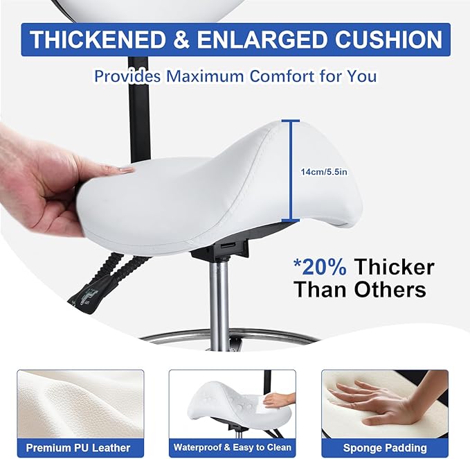 Saddle Stool with Adjustable Backrest and Footrest, Hydraulic Height Swivel Saddle Chair Ergonomic Rolling Stool with Wheels, Heavy Duty SaddleChair for Beauty Salon Spa Dentist tattooshop (White)