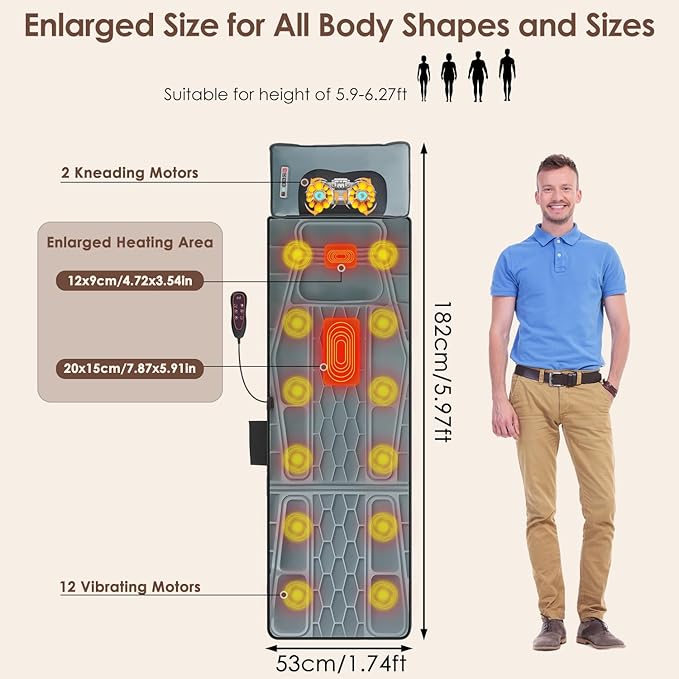 Full Body Massage Mat with Heating, Detachable Shiatsu Neck Massager, Vibration Massage Mats with Lumbar Pillow, 9 Vibration 3 Timer Settings, Gift for Men Women Parents Christmas