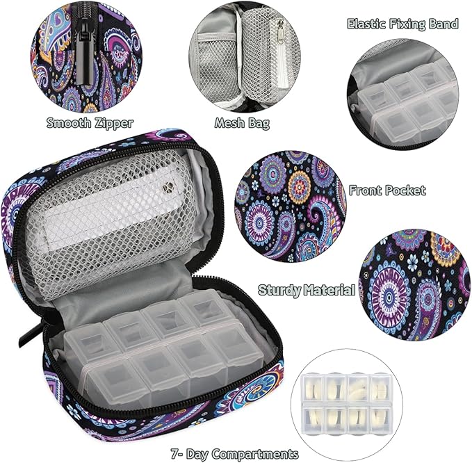 Abstract Trippy Paisley Travel Pill Organizer Box Weekly Portable Pill Case Daily Pills 7 Day Small Birth Control Pills Container Removable Compartments for Medicine Vitamins Fish Oil