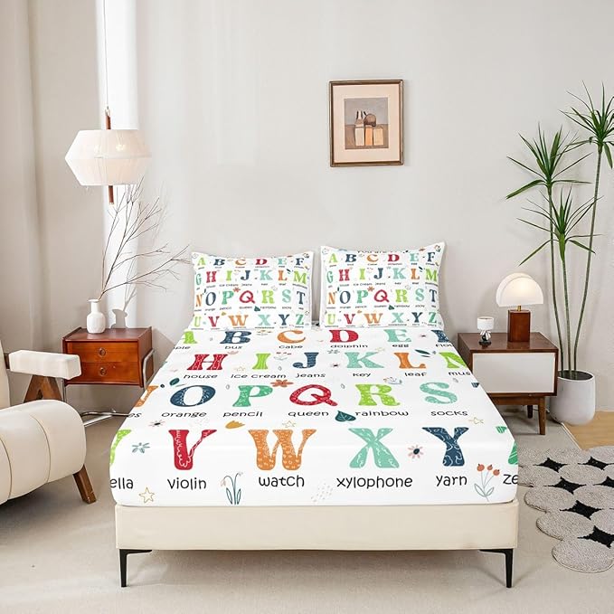 ABC Alphabet Fitted Sheet Queen Size, Learning Educational Bedding Set Cute Cartoon Funny Positive Words Bed Sheet Set for Kids Toddler Educational Bed Cover 3Pcs (No TOP Sheet)