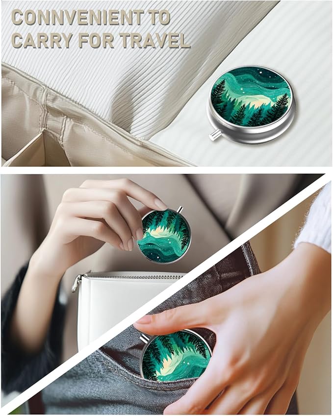 Pill Box, 3 Compartment Portable Travel Medicine Box with Mirror, Compact and Cute, Fits in Purse and Pocket, Medicine and Vitamin Organizer (Forests)