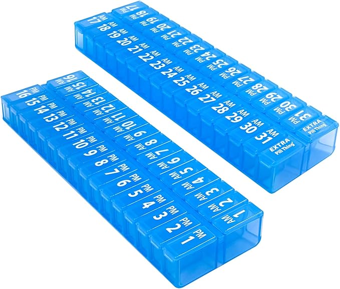 XL Twice-a-Day Monthly Pill Box Planner Set, 31 Day AM & PM Medication Organizer, 2 Vitamin Holders for One Month (XL - 31 Day AM/PM - Blue)